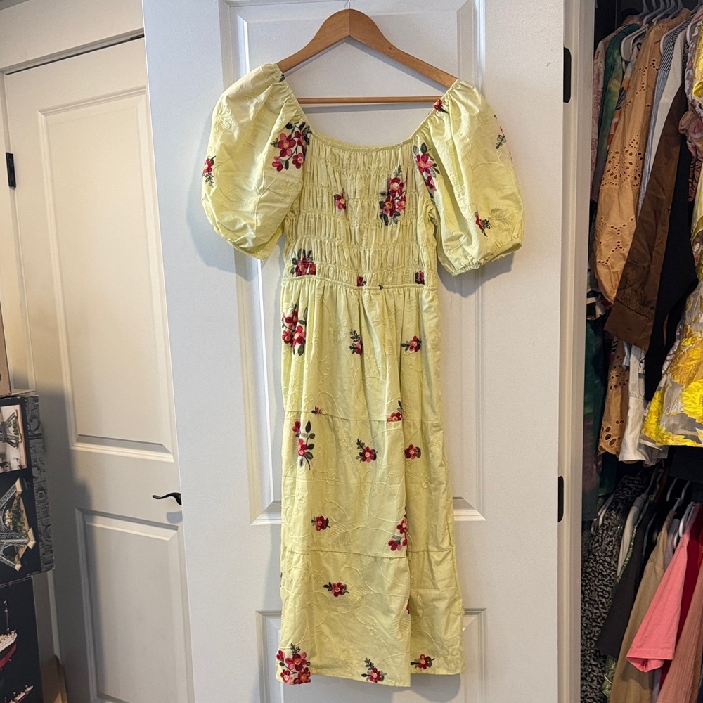 Smocked Puff-Sleeve Yellow Floral Midi Dress